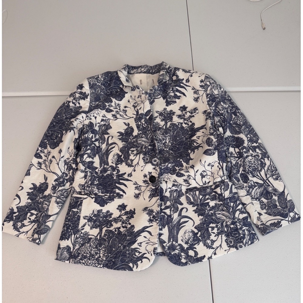 LOFT Blue White Floral Toile Blazer Jacket Cotton Blend Size 4 oo